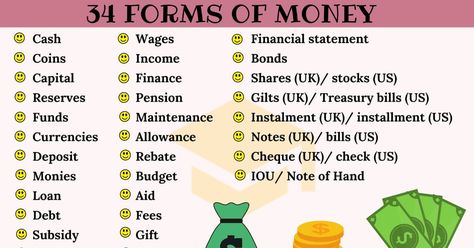 Money Synonyms! The list below provides different forms of money with ESL image. Learn these synonyms for money to improve and increase your vocabulary words in English.Forms of Money Cash Coins Capital Reserves Funds Currencies Deposit Monies Loan Debt Subsidy Salary Donation Wages Income Finance Pension Maintenance Allowance Rebate Budget Aid Fees Gift Stake Voucher Financial statement Bonds Shares (UK)/ stocks (US) Gilts (UK)/ Treasury bills (US) Instalment (UK)/ installment (US) Notes (UK)/ Financial Vocabulary Words, Finance Vocabulary Words, Finance Vocabulary, Treasury Bills, Financial Iq, Cardiac Cycle, Finance Lessons, English Phrases Sentences, Speak English Fluently