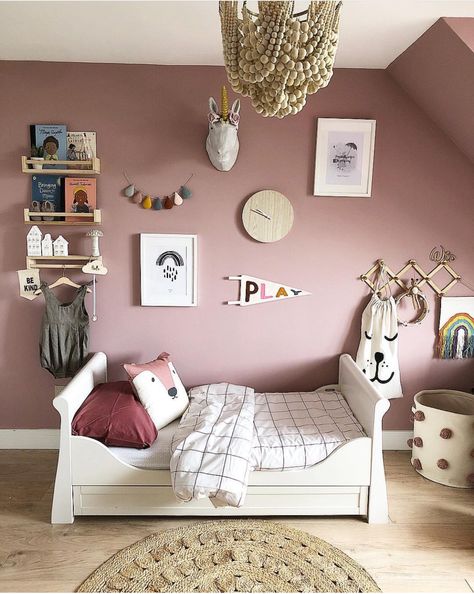 Mauve Pink Kids Bedroom, Dusty Pink Kids Bedroom, Pink Toddler Room Bohemian, Pink Mural Kids Room, Dusky Pink Bedroom, Dusty Pink Bedroom, Pink Moon Bedroom Kids, Toned Girls, Pink Bedroom Walls