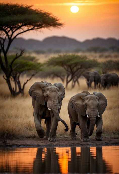 Two elephants stand face-to-face by a waterhole in the savanna, reflected in the water at sunset, with a herd in the background. Amazing Photography Powerful Images, Africa Moodboard, Africa Wildlife Photography, Woods Animals, Safari Landscape, Africa Safari Photography, South African Animals, African Animals Photography, Africa Landscape