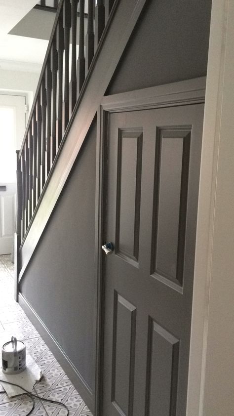 Grey hallway Dulux Urban Obsession Grey Victorian Hallway, Grey Tile Hallway, Staircase Ideas Grey, Urban Obsession Dulux Paint, Hallway Banister Ideas, Dulux Urban Obsession, Grey Stair Banister Ideas, Grey Landing And Stairs, Grey Banister Staircases