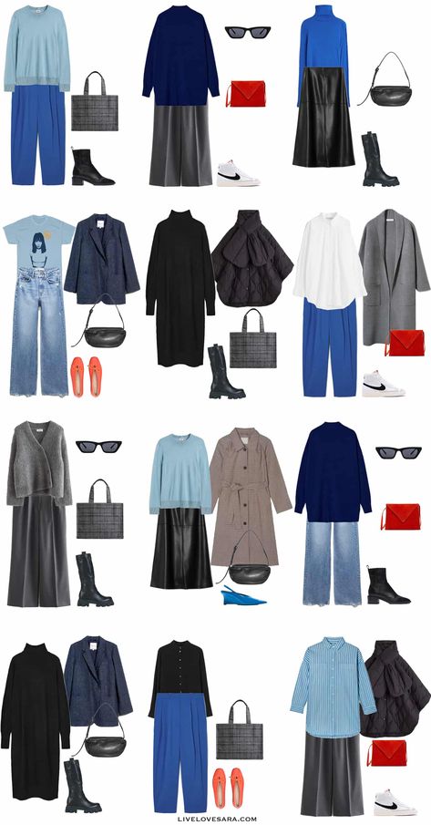 Blue Capsule Wardrobe, Blue Outfit Winter, Bright Winter Outfits, Blue Sweater Outfit, Ideas Armario, Clothes Capsule Wardrobe, Capsule Wardrobe Women, Ribbed Pants, Capsule Wardrobe Outfits