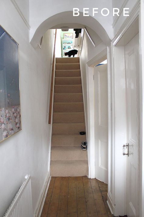 11th Hour Updates: Our Edwardian Hallway Refreshed for Sale - Swoon Worthy Narrow Edwardian Hallway, Terraced House Staircase Ideas, Terrace House Hallway, Terraced House Hallway Ideas, Edwardian Hallway Ideas, Small Narrow Staircase Ideas, Narrow Hallway Stairs, Small Victorian Hallway, Edwardian Terrace Interior