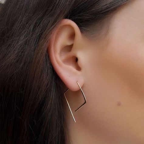 Multiple Piercings Earrings, Minimal Hoop Earrings, Square Hoop Earrings, Earrings Square, Hammered Hoop Earrings, 18k Gold Earrings, Gold Earrings Designs, Minimal Jewelry, Pull Through