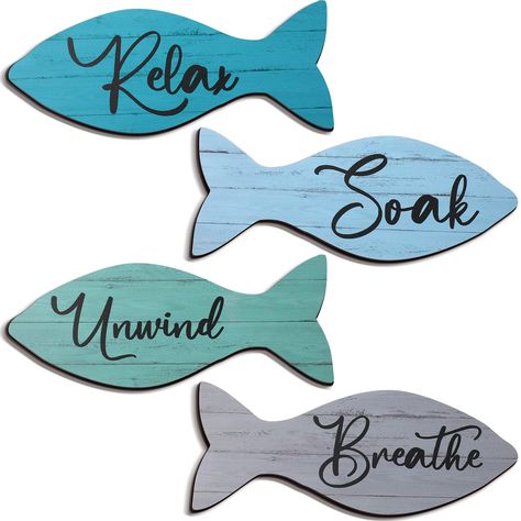 Geelin 4 Pieces Beach Wall Decor Summer Beach Bathroom Decor Wall Art Bathroom Sign Relax Soak Unwind Breathe Wood Sign Coastal Bathroom Decor Summer Decor for Home Spa Bathroom Decor (As an Amazon Associate I earn from qualifying purchases) Fishing Bathroom Decor, Home Spa Bathroom, Ocean Bathroom Decor, Teal Bathroom Accessories, Surf Room Decor, Spa Bathroom Decor, Fish Bathroom, Ocean Bathroom, Coastal Bathroom Decor