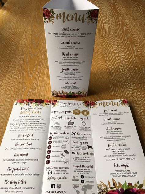 Wedding Program And Menu Ideas, Wedding Table Info Cards, Wedding Table Fun Facts, Digital Wedding Program, Wedding Trifold Table, Fun Wedding Programs, Reception Activities, Wedding Infographic, Tent Card