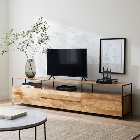 Media Consoles w/ Storage | West Elm 96 Inch Media Console, Black And Wood Tv Console, Plank Furniture, Tv Consoles, Modern Media Console, Wood Entertainment Center, Tv Table, Primary Suite, Decor Eclectic