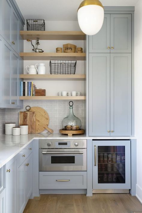 Beach Street Project Reveal | Bria Hammel Interiors Family Kitchen Living Space, Pantry Display, Butlers Pantry Ideas, Gray Tile Backsplash, Bria Hammel Interiors, Building Shelves, Grey Backsplash, Butler’s Pantry, Beverage Fridge