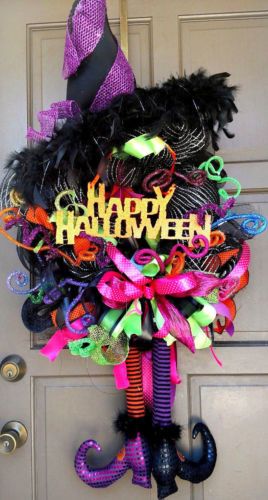 HAPPY-HALLOWEEN-X-Large-50-034-Deco-Mesh-Witch-Posable-Legs-Hat-Wreath-Door-Decor Halloween Witch Wreath, Halloween Mesh Wreaths, Hat Wreath, Happy Halloween Signs, Halloween Deco Mesh, Witch Legs, Witch Wreath, Diy Halloween Wreath, Thanksgiving Decorations Diy