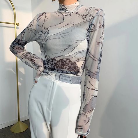 Yedinas Turtleneck Mesh Blouse Women Renaissance Print Long Sleeve See Through Top Ladies Sheer Designer Top Clothing|Blouse| - AliExpress Top Transparente, Hozier Concert, Haut Transparent, Sheer Sleeves Top, Oc Fashion, Concert Fit, Shirt Blouses Women's, Mesh Blouse, Know It All