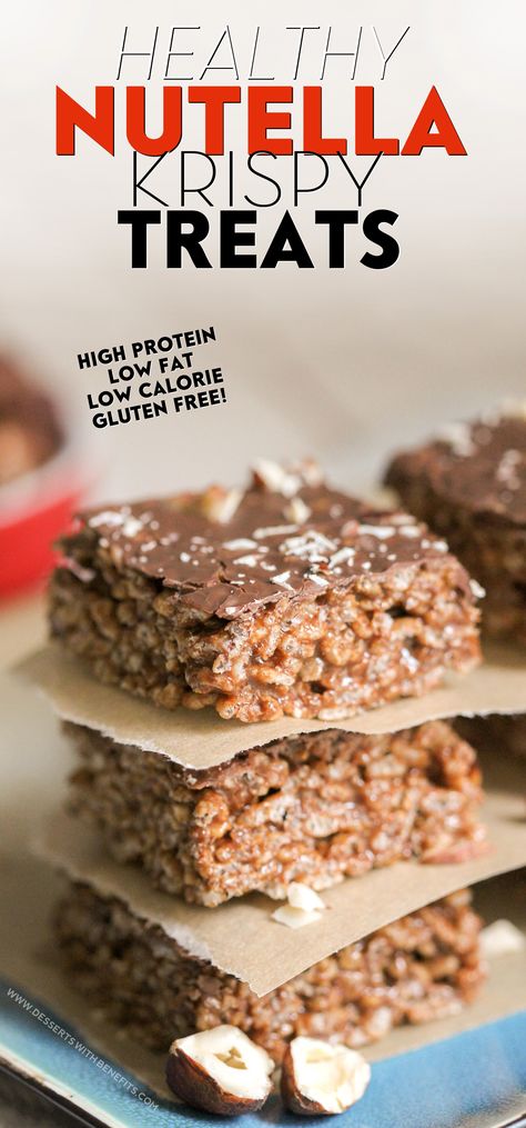 Healthy Nutella Krispy Treats recipe -- chewy, crunchy, sweet, rich, and OH SO GOOD! (refined sugar free, high protein, gluten free) -- Healthy Dessert Recipes at Desserts with Benefits Low Calorie Nutella, Chris Powell, High Protein Gluten Free, Healthy Nutella, High Protein High Fiber, Cheap Lunch, Low Calorie High Protein, Nutella Desserts, High Protein Desserts