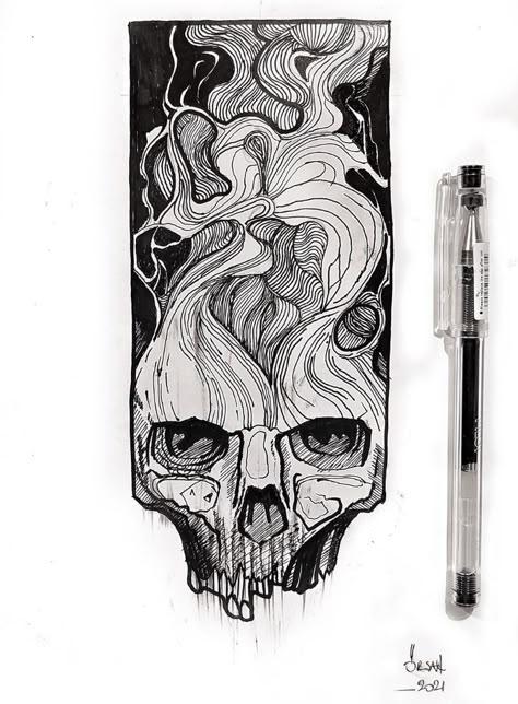 Unique Skull Drawing, Skull Painting Ideas, Painted Tshirt, Inktober Sketches, Skull Black And White, Fast Drawing, Inktober 2024, Dark Art Tattoo, Sketchbook Inspiration