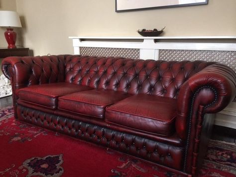 3 Seater Oxblood (red) Leather Chesterfield sofa for sale Victorian Leather Couch, Red Chesterfield Sofa Living Room Ideas, Oxblood Chesterfield Living Room, Red Chesterfield Sofa Living Room, Red Leather Furniture, Sofa Drawing Room, Red Leather Chesterfield Sofa, Red Leather Couch, Red Chesterfield Sofa