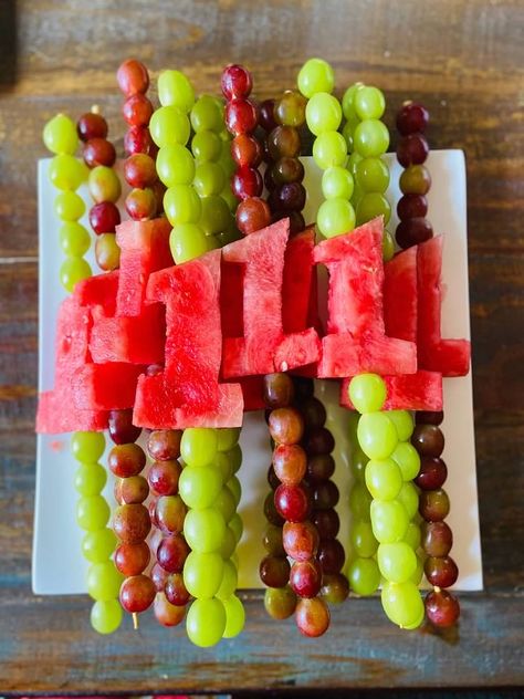 Cutout number 1 fruit kabobs for a 1st birthday party Birthday Fruit Kabobs, 1st Birthday Fruit Theme, Birthday Party Fruit Ideas, 1st Birthday Cookout, Hey Bear Party Food, Fruit Theme 1st Birthday Party, 1st Birthday Fruit Platter, Diy Hey Bear Birthday, Hey Bear Birthday Party Food