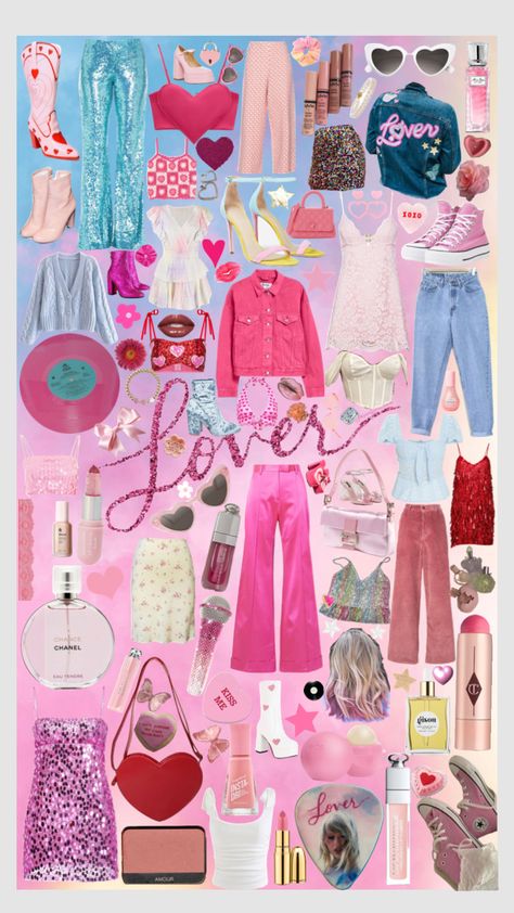 Lover outfit mood board #taylor #taylorswift #lover #loverera #lovertaylorswift #erastour #erastouroutfit Taylor Swift Lover Outfits Pink, Taylor Lover Outfit Ideas, Loved Album Outfits, Taylor Swift Lovers Outfit Ideas, Taylor Swift Bachelorette Outfits, Lover Theme Outfit, Taylor Swift Tour Looks, Taylor Swift Eras Outfit Inspiration, Iconic Taylor Swift Outfits Lover