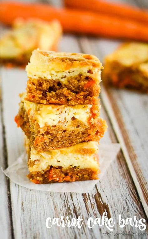 Cream Cheese Carrot Cake, Carrot Cake Cheesecake Bars, Spring Dessert Ideas, Carrot Cake Bars Recipe, Carrot Bars, Indulgent Recipes, Cream Cheese Swirl, Cake Bars Recipe, Carrot Cake Bars