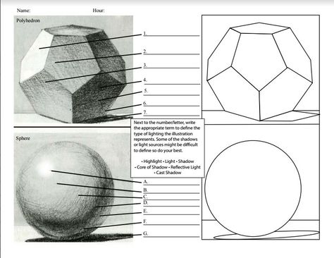 Sphere and Polyhedron Value Changes Chiaroscuro Art Worksheets Middle School, High School Art Worksheets, Art Handouts, High School Art Lessons, Art Lessons Middle School, Art Theory, Art Elements, Art Basics, Art Worksheets