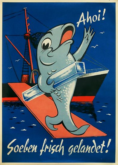 1960 A long shoreman fish cheerfully says "Ahoy! Just landed and fresh, vintage poster Fish Cartoon Illustration, Marlin Illustration, Fish Vintage Illustration, Psa Poster, Vintage Fish Poster, Cow Fish, Alphabet Project, Seafood Festival, Grape Painting