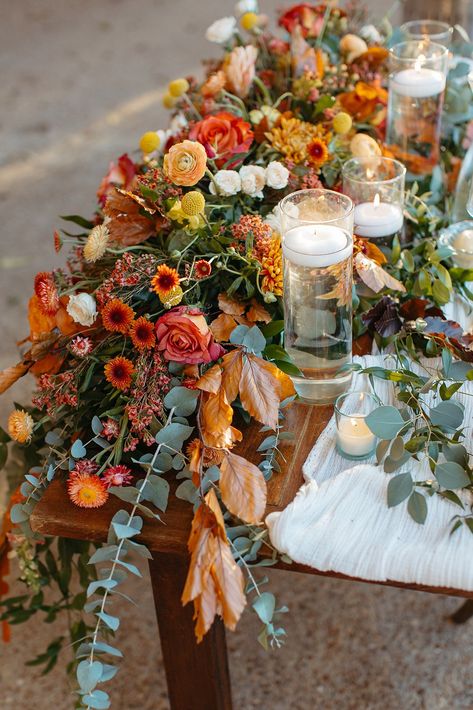 Modern November Wedding, Mission Style Wedding, Late Summer Wedding Table Decor, Fall Wedding Dinner Table, Unique Fall Floral Arrangements, Trader Joe’s Flowers Wedding, Fall Wedding Modern, Vibrant Fall Wedding Colors, October Wedding Florals