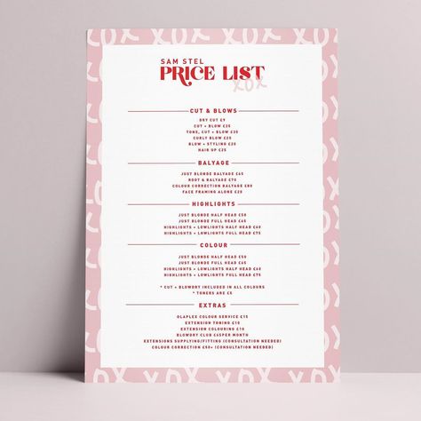 Jamie Lindsay’s Instagram photo: “Price list for @samstelhair ✨ . . . . #pricelist #rebrand #brand #brandidentity #logo #mockup #xox #hair #salon #layout #layoutstyle…” Hair Salon Layout, Salon Layout, Logo Mockup, Price List, Hair Salon, Brand Identity, Mockup, Layout, Branding