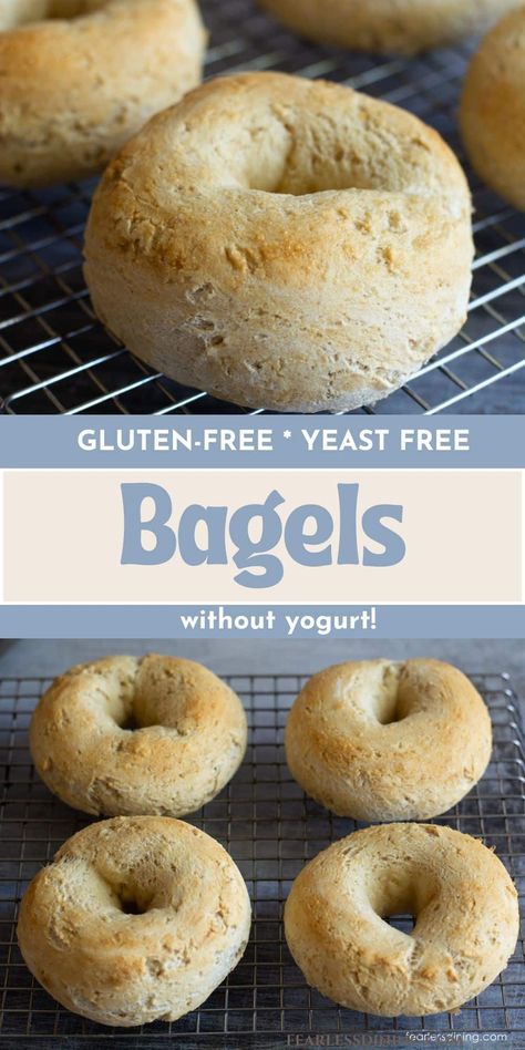 If you love gluten-free bagels but struggle with baking gluten-free yeast recipes, you will love my quick and easy gluten-free bagels without yeast recipe. There is also no yogurt, so they are even easier to whip up. No yeast means no rise time so that you can make a batch in under 40 minutes. Dairy-free version. Gluten Free Bagels Recipe, Easy Gluten Free Bread, Gluten Free Bagel Recipe, Glutenfri Baking, Bagels Recipe, Gluten Free Bagels, Pan Sin Gluten, Gluten Free Sourdough, Recipes Bread