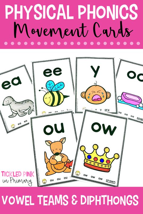 Learn vowel teams and diphthongs while incorporating movement. Physical phonics will help your students learn their vowel teams and diphthongs phonics sounds through a multi-sensory approach. Grab these picture cards to teach these phonics skills. Use these teacher cards to introduce the phonics skills. Multi Sensory Learning, Phonics Blends, Picture Clues, Brain Learning, Cvce Words, Phonics Sounds, Vowel Team, Phonics Words, Student Drawing