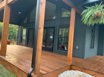 Wood Porch Stain Ideas, Cabot Honey Teak Stain, Stained Wood Exterior House, Cabot Solid Stain Colors, Cabot Deck Stain Colors Semi Transparent, Cabot Stain Colors, Stained Wood Front Porch, Front Porch Stain Colors, Exterior Stain Colors For Wood