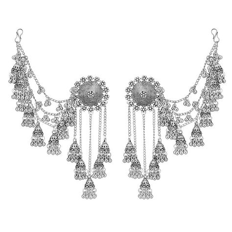 Shreyadzines Traditional Oxidized Silver Bahubali Kashmiri Jhumka Earrings with Hair Chain for Women and Girls Earrings With Hair Chain, Bahubali Jhumka, Bahubali Earrings, Silver Earrings Indian, Wedding Bollywood, Silver Jhumkas, Jhumka Designs, Hair Chain, Indian Accessories