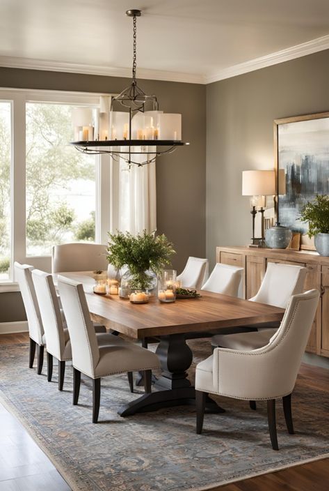 Make your dining room warm and inviting with a wooden dining table, upholstered chairs, a large area rug, and ambient pendant lighting. Create the perfect cozy dining space! #CozyDiningRoom #HomeDecor #DiningRoomDesign #InteriorInspo #WarmDining #CozyHome Dining Chairs For Wooden Table, Dining Room Table Wall Decor, Dinning Table With Six Chair, Grey Chairs Dining Table, Nice Dining Room, Dinner Room Ideas Modern, Warm Transitional Dining Room, Dusty Blue Dining Room, Dining Room White Walls