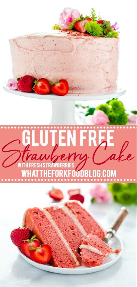 Gluten Free Strawberry Cake Recipe, Gluten Free Strawberry Cake, What The Fork, Strawberry Cake Recipe, Strawberry Cream Cheese Frosting, Gluten Free Cake Recipe, Cakes To Make, Strawberry Cake Recipes, Best Gluten Free