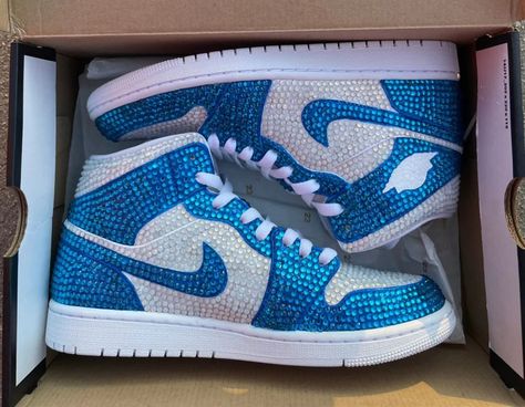 Blue Rhinestones Custom Air Jordan 1 x Wedding Sneakers - – fashionupstore1 Bling Air Force 1, Custom Air Jordan 1, Bedazzled Shoes, Wedding Sneakers, Preppy Shoes, Custom Air Force 1, Cute Nike Shoes, Air Jordan Sneakers, Cute Sneakers