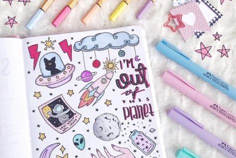 Step By Step Bullet Journal Doodle Tutorials Vol.1 - Crazy Laura Doodles For Bullet Journal, Space Doodles, Space Drawings, Doodle Art Journals, Drawing Journal, Bullet Journal Aesthetic, Bullet Journal Notebook, Bullet Journal Themes, Bullet Journal Writing