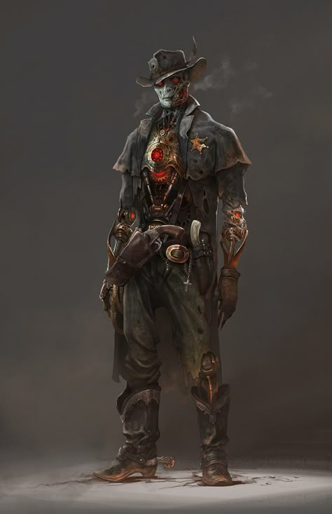 ArtStation - Robot Cowboy, Jian Li Robot Cowboy Art, Drifter Character Design, Cowboy Artificer, Steam Punk Cowboy, Steampunk Cowboy Character Design, Futuristic Cowboy Concept Art, Cowboy Robot, Steampunk Cowboy, Cowboy Character Design