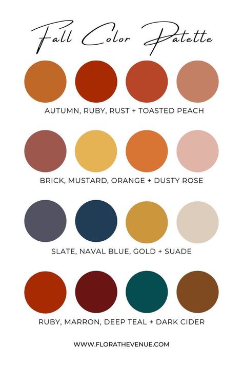 Modern Burnt Orange Wedding, Unexpected Fall Wedding Colors, Fall Sunset Wedding Color Schemes, Earth Tone Party Decor, Southern Wedding Color Schemes, Modern Color Palette 2023, Classic Fall Wedding Colors, October Wedding Colors Schemes Flowers, Fall Forest Wedding Colors