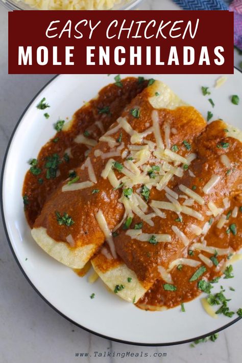 Chicken Mole Enchiladas, or Enmoladas, are  amazing! The Mole sauce is thick and rich with a deep delicious flavor.  It easy because (1) the mole cooks in a pan and purees in the blender (2) it uses rotisserie chicken, so you only need to shred it!  The mole has tomato sauce, green chilis, garlic, adobo sauce, and spices that balance so harmoniously with unsweetened chocolate and cinnamon for the amazing Mole flavor. #familydinners #enchiladas #chickendinners #easychickenrecipes #molerecipe Easy Mole Sauce, Mole Enchiladas Recipe, Chicken Mole Enchiladas, Mole Sauce Recipe, Mole Enchiladas, Mole Recipe, Easy Spring Recipes, Busy Mom Recipes, Green Chilis