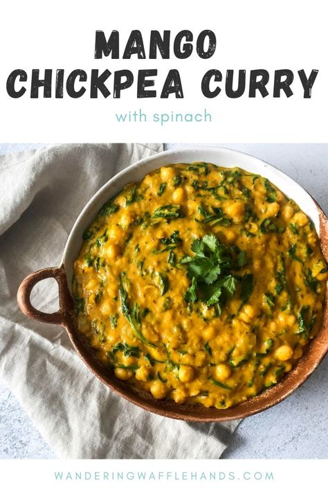 Mango Chickpea Curry with Spinach - Vegan Waffle Curry Mango, Curry With Spinach, Mild Curry, Chickpea Curry Recipe, Mango Curry, Vegan Waffles, Spinach Curry, Vegan Curry, Spicy Dishes