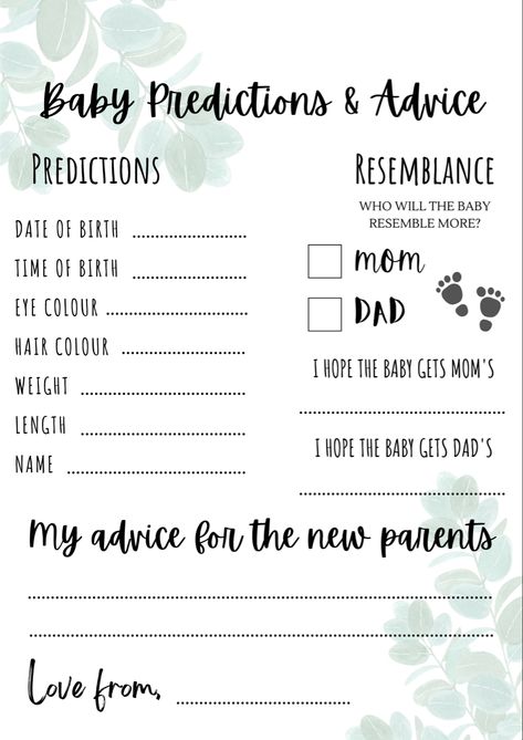 Baby Predictions Printable, Baby Prediction Cards, Baby Predictions, Baby Shower Activity, Baby Prediction, Baby Shower Activities, Advice Cards, Baby Shower Games, Shower Games