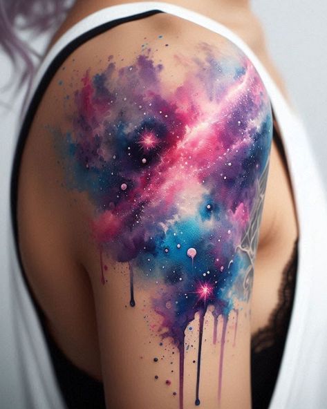 Feminine Tattoos Unveiled: Beyond Butterflies, Roses and Heart Inks | Pocoko Watercolor Wings Tattoo, Space Tattoo Shoulder, Star Galaxy Tattoo, Watercolor Space Tattoo, Neon Tattoos, Galaxy Tattoos, Watercolor Galaxy Tattoo, Nebula Tattoo, Colour Tattoo For Women