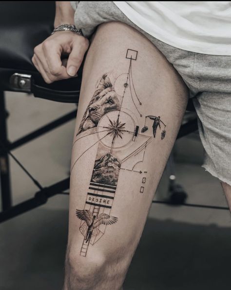 Legs Tattoo Men, Geometric Tattoo Thigh, Concept Tattoo, Lion Art Tattoo, Geometric Line Tattoo, Brain Tattoo, Armband Tattoo Design, Men Tattoos Arm Sleeve, Cool Chest Tattoos