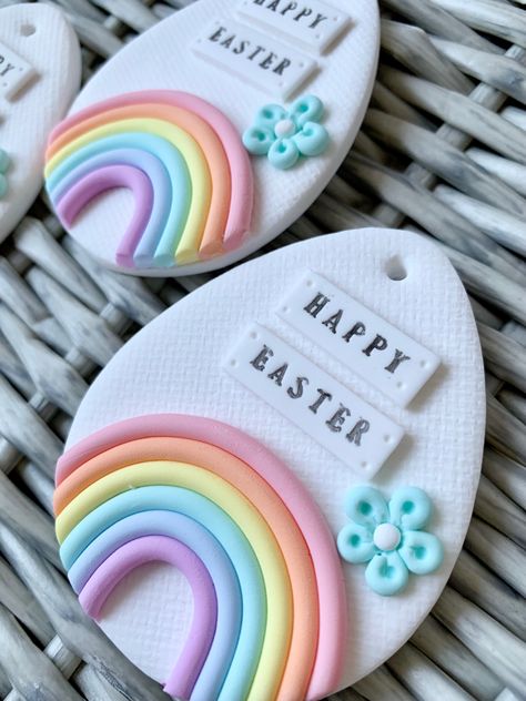 Easter egg shaped decoration with pastel rainbow drom All that she makes Air Dry Clay Easter Decorations, Resin Easter Eggs, Air Dry Clay Easter Eggs, Marzipan Easter Eggs, Happy Easter Decoration, Sequin Easter Eggs, Easter Egg Decoration, Egg Decoration, Twig Tree