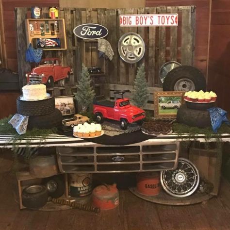 Ford Truck Birthday Party Ideas, Vintage Cars Party Theme, Ford Party Decor, Chevy Party Theme, Vintage Truck Birthday Party, Chevy Themed Birthday Party, Classic Car Centerpieces Ideas, Ford Themed Birthday Party, Ford Birthday Party Ideas