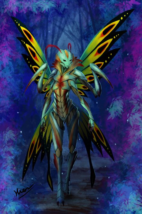 ArtStation - Butterfly Insectoid Butterfly Humanoid, Forest Creatures, Extinct Animals, Fantasy Monster, Fantasy Art Landscapes, Coloring Book Art, Mythical Creatures, Character Concept, Book Art