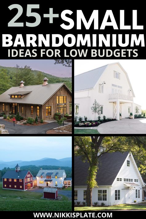 An inspirational collage full of the 25 Best Small Barndominium Ideas— perfect for those who dream big but have got a teeny-weeny budget to match! Showcasing a variety of charming small barn-style homes, each unique in design but united in their budget-friendly brilliance. This pin is your gateway to a world where small spaces make for big adventures and outstanding style! Easy Barndominium Ideas, Small Barnodium Homes, Small Bardo Minimum, Barndominium Ideas Simple, Budget Barndominium, Smaller Barndominium Ideas, Cheapest Way To Build A Barndominium, Small Barndo With Loft, Smaller Barndominium