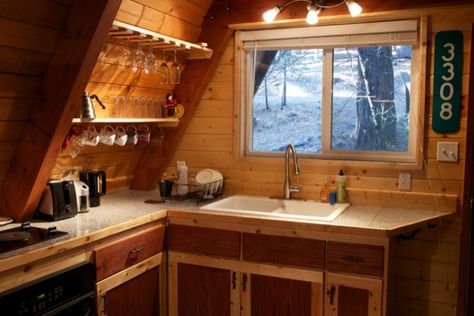 tiny a frame cabin in the woods 0011   Tiny A frame Cabin in the Woods.   Love this little kitchen. Small Cottage Kitchens, Tiny A Frame Cabin, A-frame Interior, Small Cottage Kitchen, A Frame Cabins, Tiny House Talk, A Frame House Plans, Frame Cabin, Decor Ikea