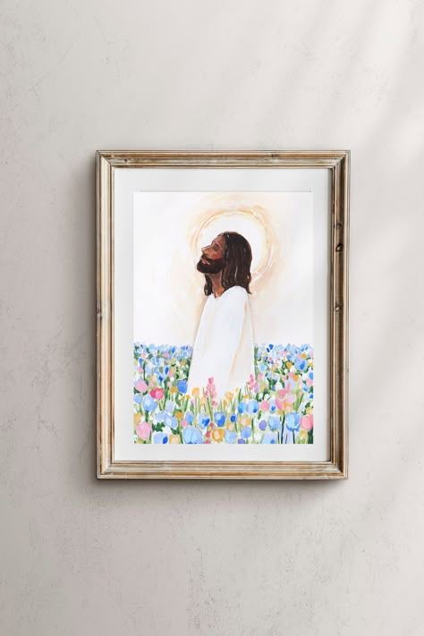 Christ is depicted praying in a field of flowers. This painting is incredibly meaningful to me. Prints are printed on acid-free, high-quality paper. Colors may vary due to monitor settings. Gethsemane Jesus, Christ Artwork, Garden Of Gethsemane, My Savior, Jesus Christ Artwork, Jesus Christ Art, Easter Art, Jesus Christus, Jesus Art