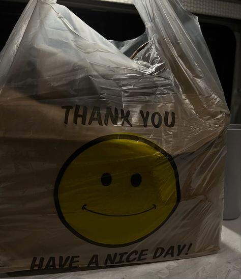 thank you sack, thank you bag, thank you, have a nice day, smiley face, smiley face bag, yellow smiley face, bag, take out bag, aesthetic, inspo Yellow Smiley Face Aesthetic, Plastic Bag Aesthetic, Book Review Template, Review Template, Oc Aesthetic, Thank You Bags, Yellow Smiley Face, Face Aesthetic, Bag Aesthetic