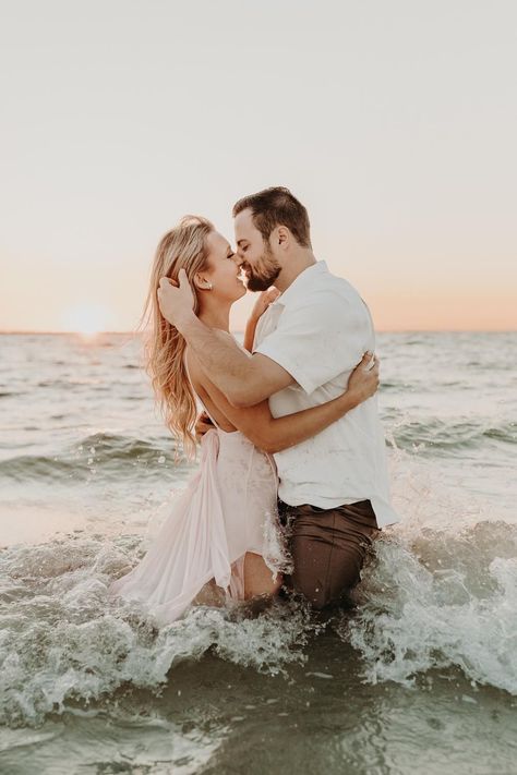 Can we just all agree engagement session in the ocean are just BETTER?!! Wow. This Bowditch park photo shoot during golden hour was freaking amazing to shoot. I love when couples trust me with these artistic images of their milestones. As a Florida wedding photographer, I'm obsessed with getting to know my couples before their weddings, and this was no exception. You do not wanna miss out on these epic shots, click the link to view! | Taylor Shea Engagement Photo Shoot Beach, Beach Maternity Pictures, Engagement Pictures Beach, Couples Beach Photography, Couple Beach Photos, Beach Photo Session, Micro Weddings, Engagement Pictures Poses, Romantic Beach