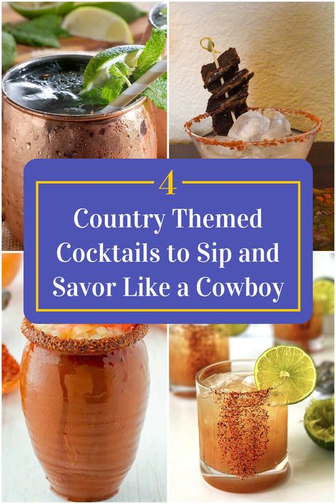 Collage of 4 country themed cocktails. Mocktail Names, Pregame Drinks, Country Themed Parties, Night In With Friends, Themed Cocktails, Good Drinks, Whiskey Recipes, Cocktail Names, Cocktail Theme