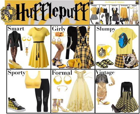 Harry Potter House Outfits Hufflepuff, Hufflepuff Bounding, Harry Potter Bounding Inspired Outfits, Harry Potter Inspired Outfits Hufflepuff, Harry Potter Bounding, Hufflepuff Aesthetic Outfits, Harry Potter Outfit Ideas, Hufflepuff Clothes, Hogwarts Houses Outfits