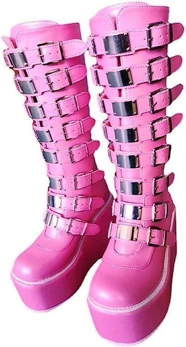 Gothniero High Platform Knee Boots Chunky Heel Wedge Black Boots For Women Combat Goth Punk Motorcycle Booties Zip up With Metal Buckles Size5-11 Stomper Boots, Holographic Boots, Pink Platform Boots, Rave Boots, Highheels Shoes, Egirl Style, Pink Punk, Knee High Boots Winter, Goth Boots