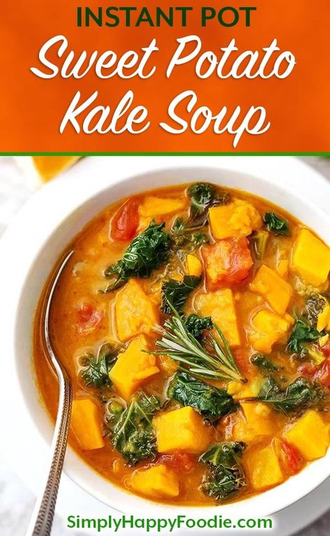 Instant Pot Sweet Potato Kale Soup is vegetarian and vegan. This pressure cooker sweet potato kale soup recipe is on the lighter side, and has such great flavor! Instant Pot Sweet potato recipe by simplyhappyfoodie.com instant pot vegan soup vegan instapot Potato Soup Pressure Cooker, Sweet Potato Kale Soup, Kale Sweet Potato Soup, Potato Kale Soup, Pressure Cooker Sweet Potatoes, Instant Pot Sweet Potato, Potatoes Soup, Simply Happy Foodie, Recipes Instapot